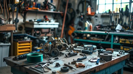 Fototapeta premium Cluttered Workshop Workbench with Tools and Parts