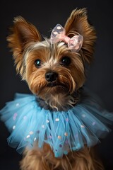 Naklejka premium Fluffy dog in blue tutu and pink bow, studio lighting, front view, adorable and whimsical