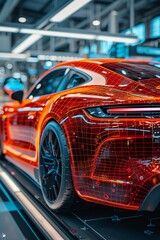 Fototapeta premium Hightech car design lab with a 3D model on screen, modern and innovative