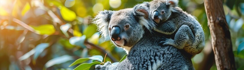 Obraz premium Koala with baby on back, daylight, closeup, adorable and nurturing