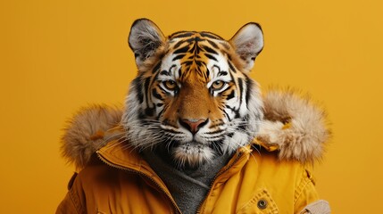 Tiger in jacket, yellow background, closeup, fierce and fashionable
