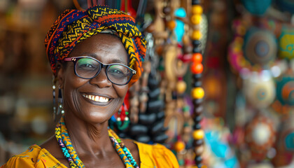 Woman with a headband and glasses at a lively market stall, colorful and cheerful