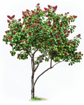 One Red Mulberry tree with ripe red berries, isolated on white