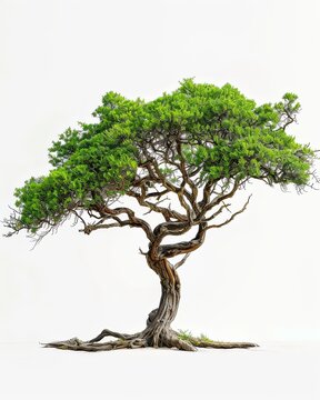 A lone Shedua tree with twisting branches and deep roots against a white background