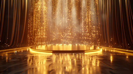 3D rendering of a golden stage with lights and gold particles. Academy Awards