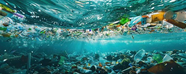 A large amount of plastic waste is floating in the ocean. Free copy space for text.