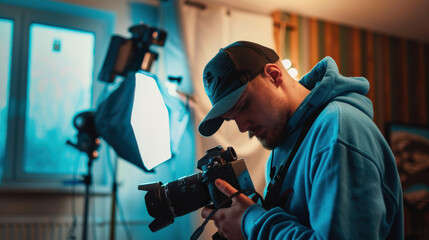 Fototapeta premium An artistic photograph of a photographer at work, blue sweatshirt and black cap, holding a professional camera, large softbox light in the background