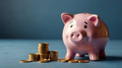 Sad and worried pink pig piggy bank next to a few gold coins, isolated on blue background