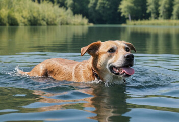  A dog swimming in a refreshing lake on a hot summer day. 