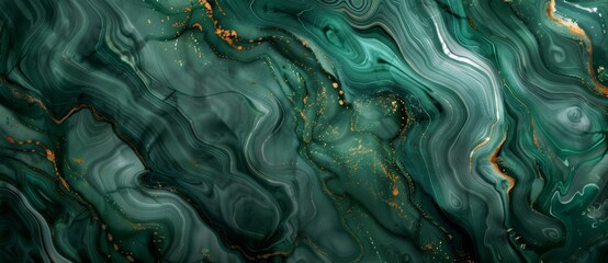 Obraz premium Abstract fluid art painting in shades of green and gold with swirls and specks of metallic. This luxury background would be great for text, invitations, or other design elements
