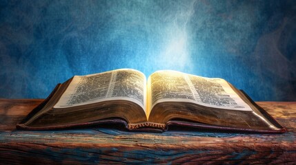 Open Bible on a Wooden Table with a Light Effect