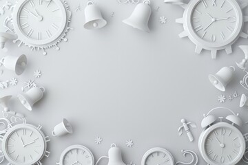 Elegant White Paper Cut Figures of Clocks and Bells Background for Design and Decoration