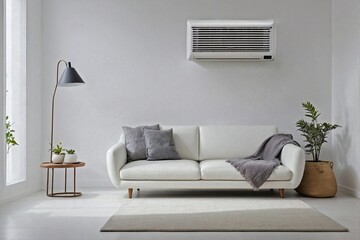 An image of sofa, and the air conditioner on a solid, light grey wall.