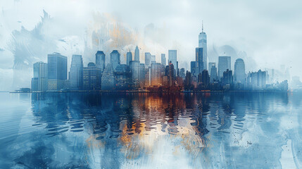 Obraz premium Big City Skyline: Central Color Photo Fading to Pencil Drawing. Generative AI