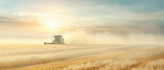 Fototapeta premium Combine harvester creating dust cloud in golden field