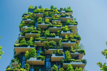 Green futuristic skyscraper Bosco Verticale, vertical forest apartment spacewith gardens on balconies. contemporary sustainable architecture in Porta Nuova district