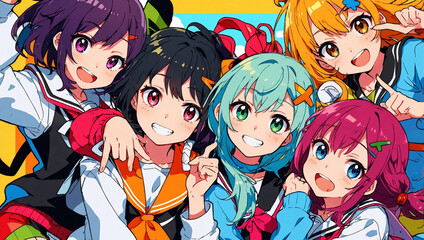 Cute lovely manga anime cartoon personage friends buddies animated movie banner poster