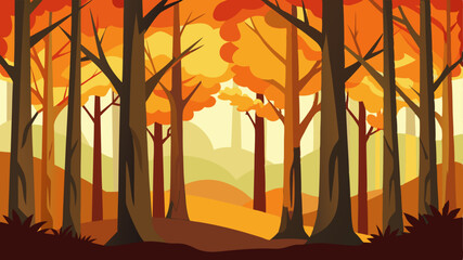 Vector illustration of an autumn forest with tall trees and colorful orange and yellow leaves. The scene is created in a flat, cartoon style with warm, vibrant tones