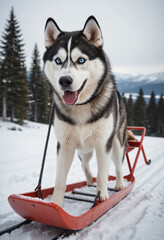 Naklejka premium A majestic Husky pulling a sled through a snowy landscape. 