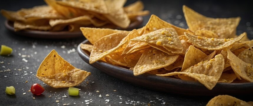 Full frame deep fried mexican corn tortilla chips background banner.