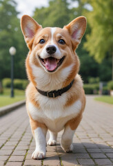  A Corgi with a big smile on its face during a walk in the park. 