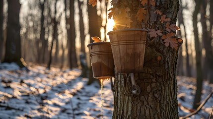 Maple syrup taps in trees, buckets collecting sap