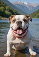Fototapeta premium A Bulldog panting happily after a swim in a lake. 