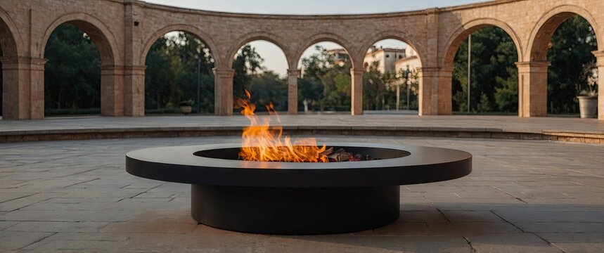 Black podium with fire pit is surrounded by architectural arches in a circular formation good for display premium product.