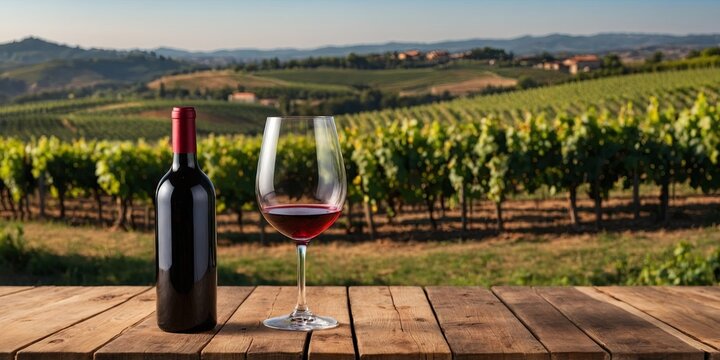 Wooden Table Top with Wine and Vineyard View, for display or montage your products Agriculture winery and wine tasting concept digital art.