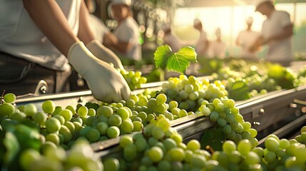 Vineyard workers sorting grapes on conveyor belt