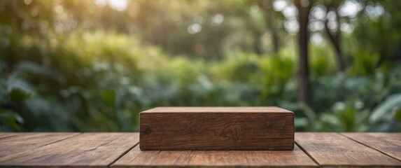 Fototapeta premium Empty wooden podium with blurred nature background for product display.