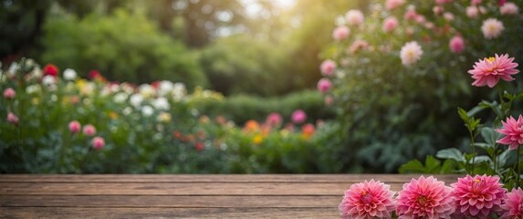 Empty wooden table for product display with dahlia garden background.