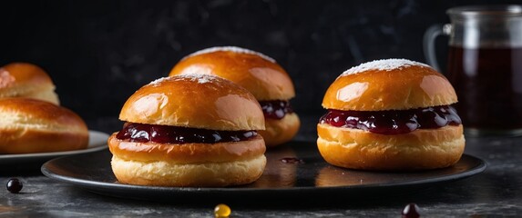 German delicacies known as krapfen or berliner delectably filled with jam elegantly presented on a dark marble table Captured with a selective focus under natural light.
