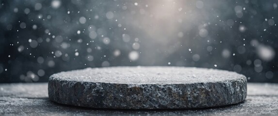 Empty stone pedestal with snowflakes, winter background Modern product display Minimal mockup template.