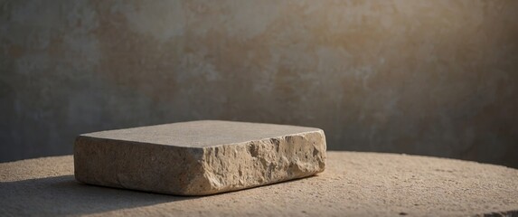 A minimalist stone podium in a warmly lit space with soft shadows , minimalist, product display, stone podium, serene, composition, cylinder, neutral colors, modern, elegant, clean.