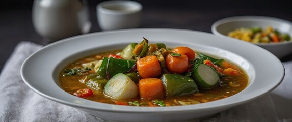 One common Indonesian cuisine is sayur asem, sometimes known as sayur asam presented in a white dish.