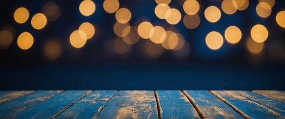 Blue wooden table with blurred golden lights in the background, ideal for displaying products or showcasing a festive atmosphere.