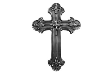 A silver cross with a crucifix on it. The crucifix is Jesus Christ