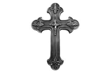 A silver cross with a crucifix on it. The crucifix is Jesus Christ
