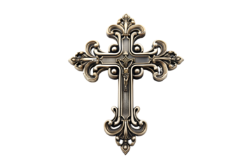 A silver cross with a crucifix on it. The crucifix is Jesus Christ