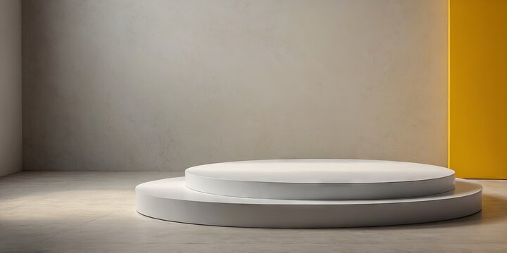 White round podium on yellow background with empty space for product advertising promotion marketing design.