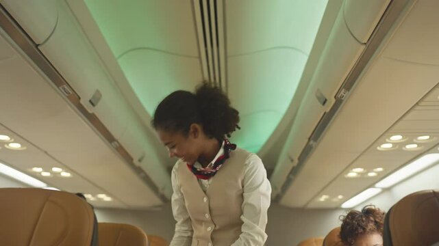 Air hostess walk to close luggage compartment of airplane and service custormer before take off and bring the passenger to the destination with happiness.