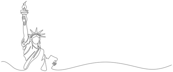 One continuous single line drawing of liberty statue isolated on white background.