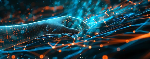 Hand and data transfer network, blue and orange digital lines, dark background,