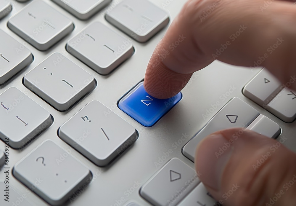 Poster hand pressing computer key with blue button