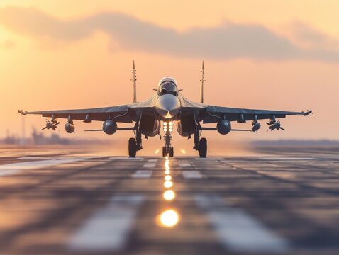 Avi&atilde;o de guerra moderno imp&otilde;e sua presen&ccedil;a na pista de pouso