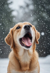  A dog catching snowflakes on its tongue during a snowfall. 
