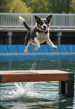  A dog dock diving competition with a dog leaping into the water. 