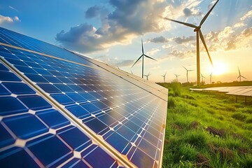 Solar panels and wind turbines in a green field generating clean energy under a bright sky with clouds and sunset.