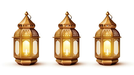 Antique gold Arabic lamps set off against a blank white background